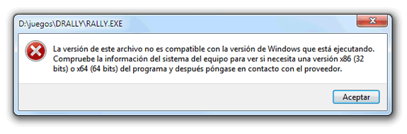 La versión de este archivo no es compatible con la versión de Windows que está ejecutando. Compruebe la información del sistema del equipo para ver si necesita una versión x86 (32 bits) o x64 (64 bits) del programa y después póngase en contacto con el proveedor.