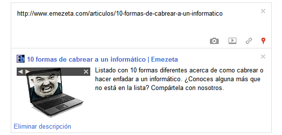 Google Plus (Google+): Adjuntar enlaces. Miniaturas. Previsualización.