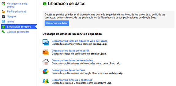 Exportar o liberación de datos de Google