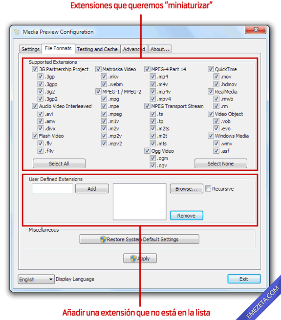 Reparar la miniatura de videos AVI: Media preview configuration formatos