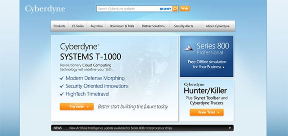 Página web corporativa de Cyberdyne al estilo de las webs de Microsoft