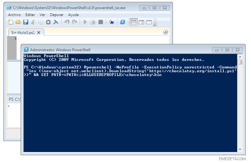 Línea de comandos en PowerShell para instalar Chocolatey